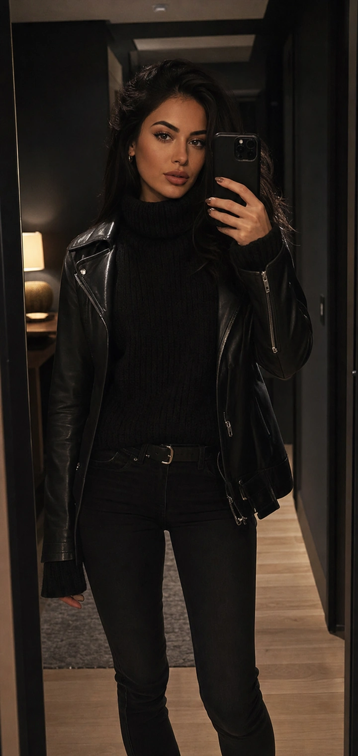 SFW fictional adult black leather mirror portrait for AI girlfriend near-unlock route