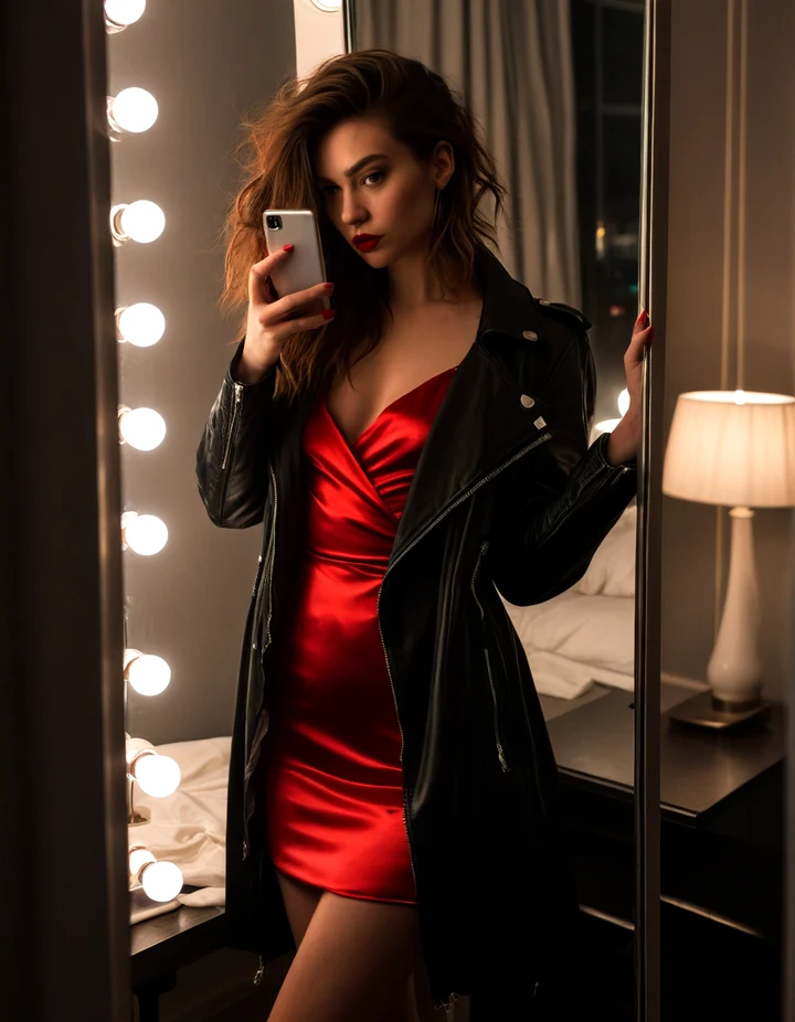 Illustrative fictional adult woman in a red dress for a custom AI girlfriend builder route, not official app media