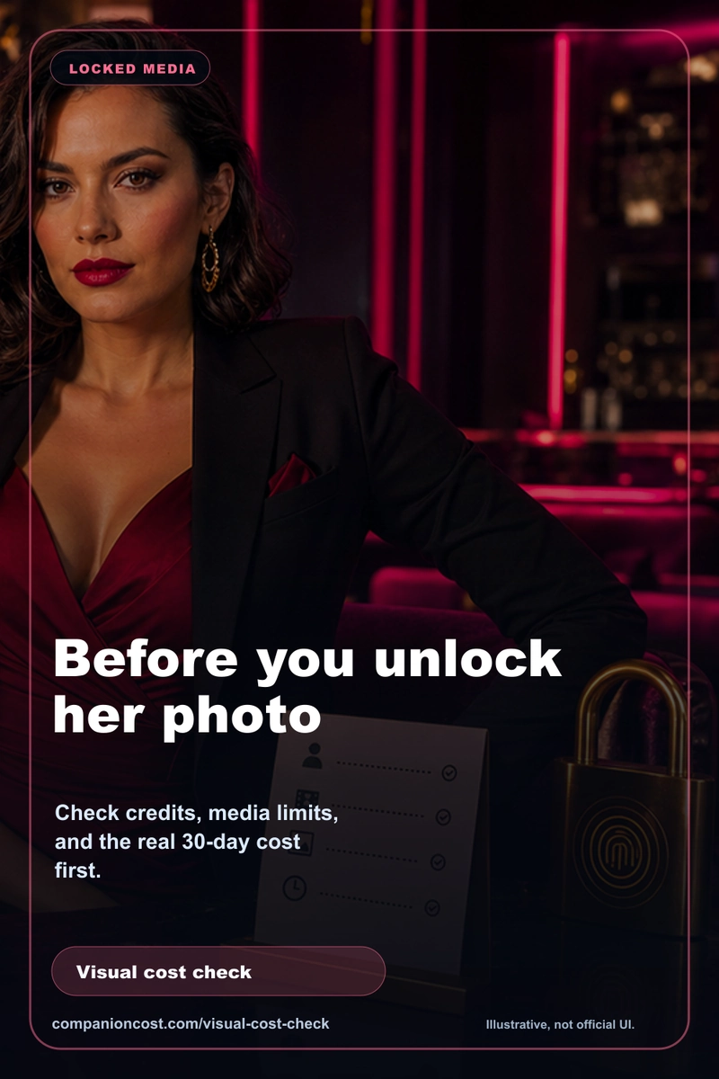SFW Companion Cost card about checking locked media costs before paying for an AI girlfriend app