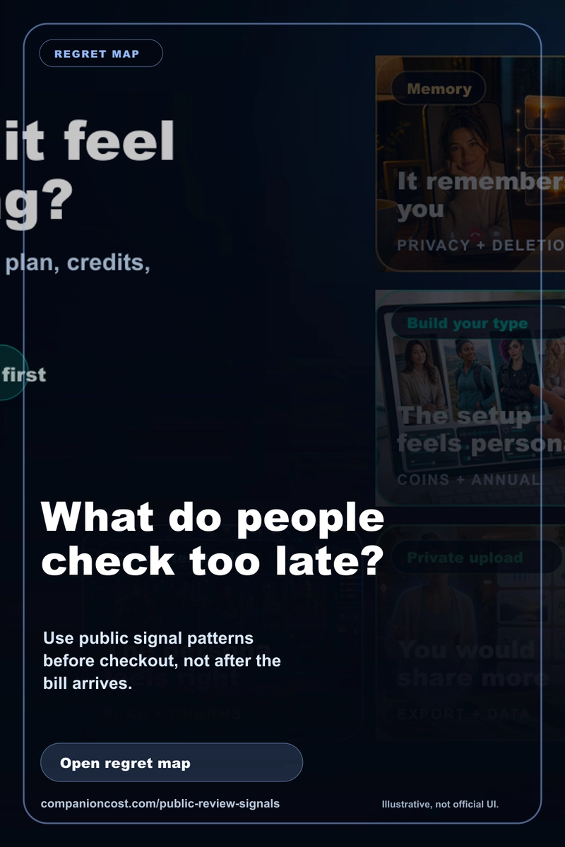 Illustrative Companion Cost red-flag scorecard share card for AI girlfriend app regret, billing, refund, and privacy checks